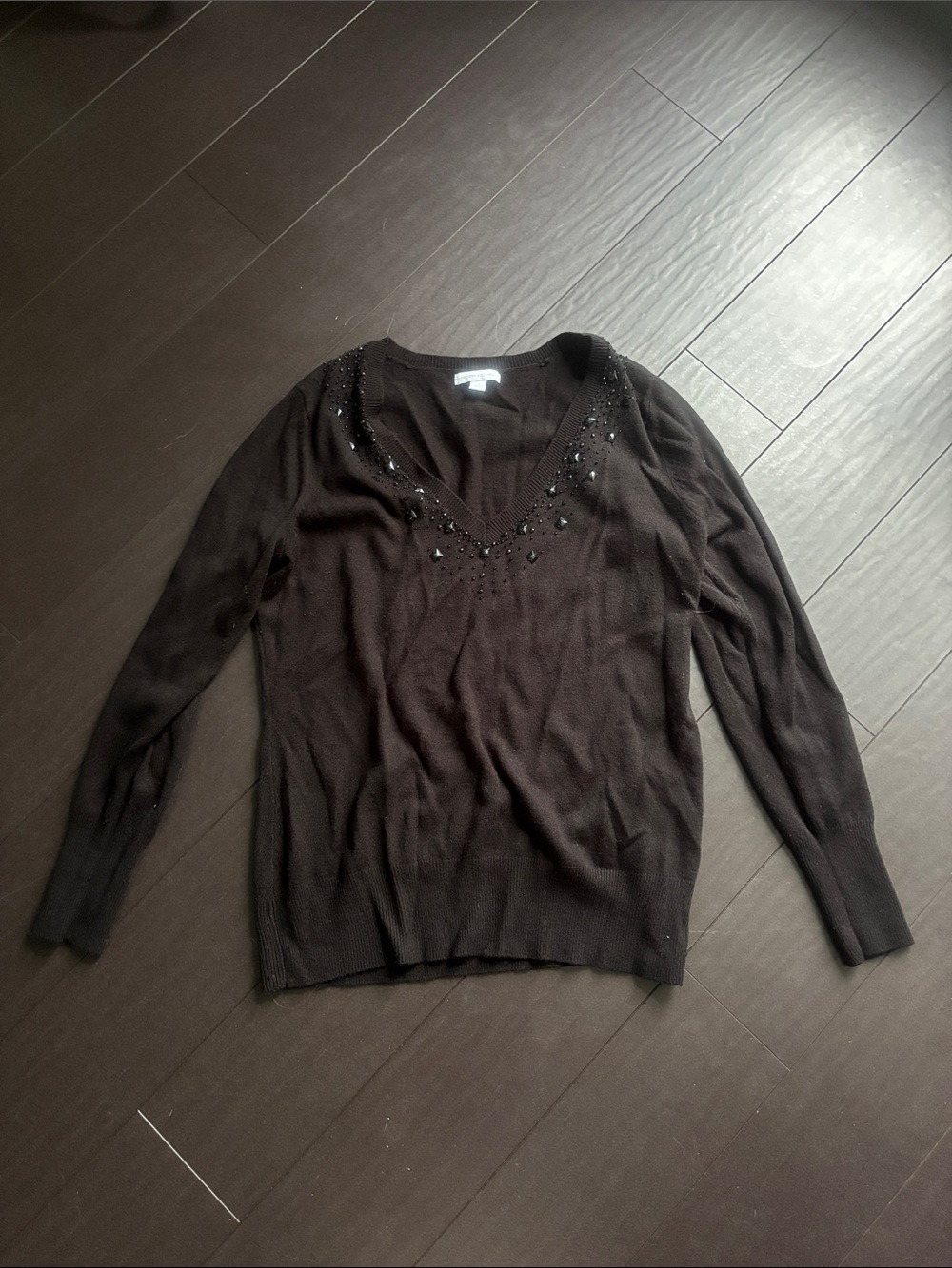 New York & Company Black V-Neck Sweater with Bead Accents